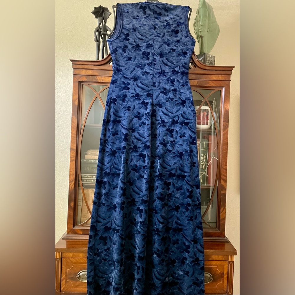 Bisou Bisou Deep Blue Floral Velvet Bodycon Full Length Gorgeous Dress S/M - Picture 3 of 6